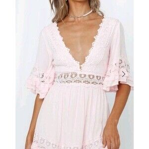 Boutique Baby Pink Deep V Lace Crochet Trim Smocked Rustic Boho Mini Dress XXS
